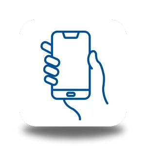 Blue line icon of a hand holding a smartphone on a light grey rounded square background, representing mobile banking, online application, or digital finance access.