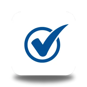 Blue checkmark inside a circle on a light grey rounded square background, representing approval, confirmation, or successful application outcome.