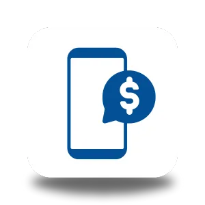 Blue line icon of a smartphone with a speech bubble containing a dollar symbol on a light grey rounded square background, representing mobile payments, SMS payment notifications, or digital money transfers.