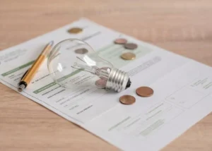 An unscrewed lightbulb sitting on top of an electricity bill.