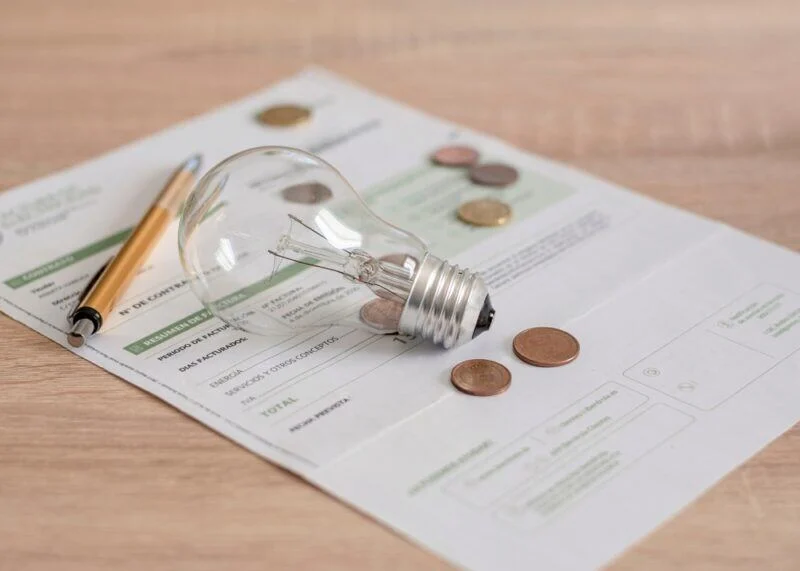 An unscrewed lightbulb sitting on top of an electricity bill.